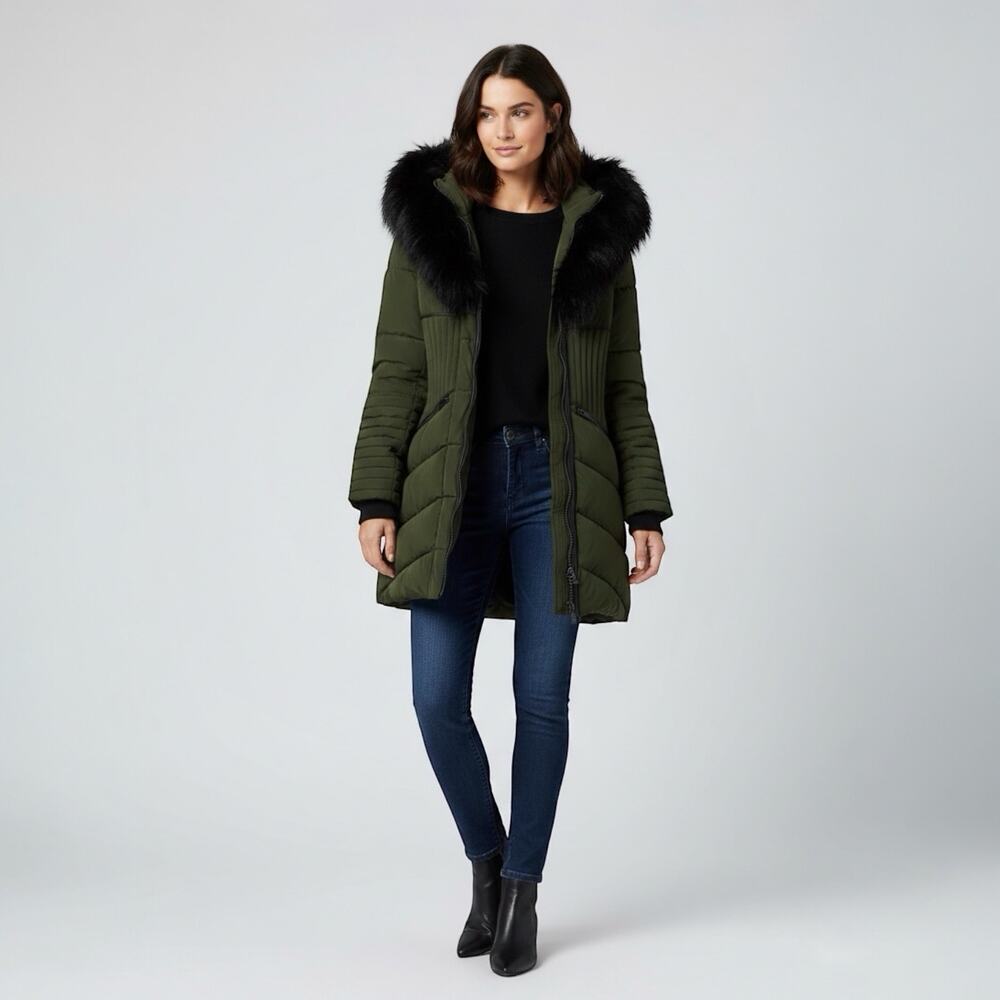 Noize Gigi Vegan Faux Fur Trim Quilted Parka in Olive Size XL NEW